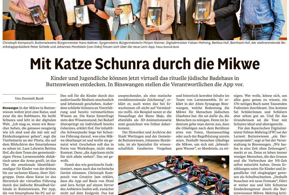Zeitungsartikel „Mit Katze Schunra durch die Mikwe“